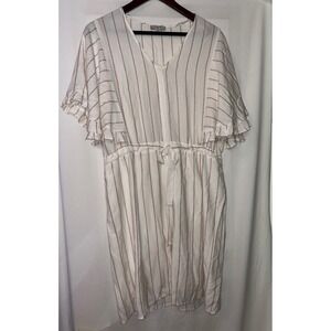 FRNCH Paris White Red Striped Dress Ruffle Sleeves Tie‎ Waist S/M